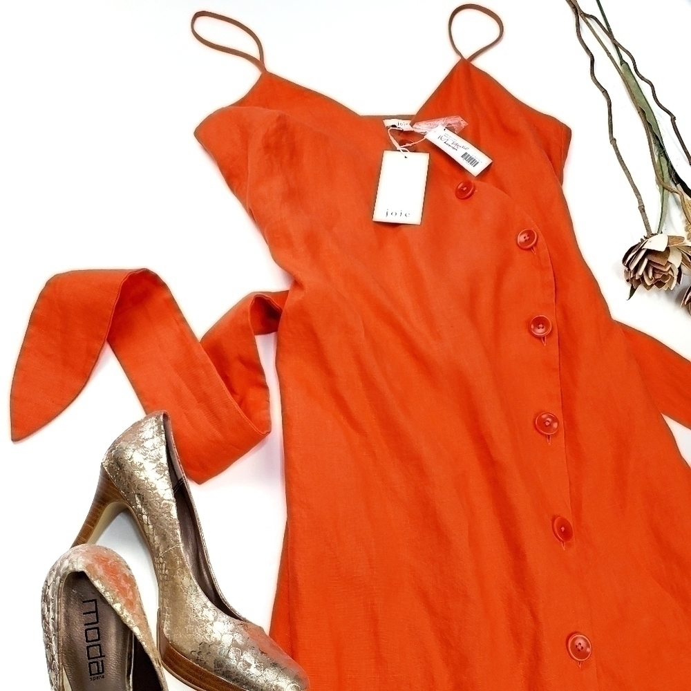 🔴 New JOIE Carmell Warm Terra Orange Linen Dress Size Large - Picture 12 of 16